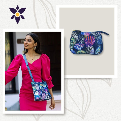 A woman in a pink dress carries a blue, floral-patterned Anuschka Bundle of Fabric Leather Crossbody with Fabric Leather Zip Pouch - 12017-13008. Next to her image is a close-up of the matching floral-patterned pouch.