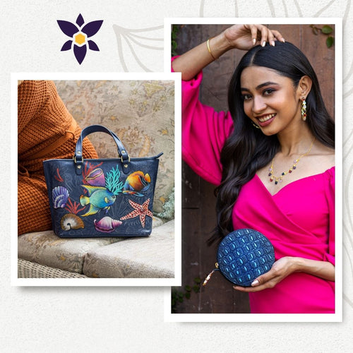 Two side-by-side images: On the left, an Anuschka Bundle of Medium Tote with Rouse Coin Purse - 693-1175 on a sofa. On the right, a smiling woman in a pink dress holding an Anuschka blue round purse and touching her hair.
