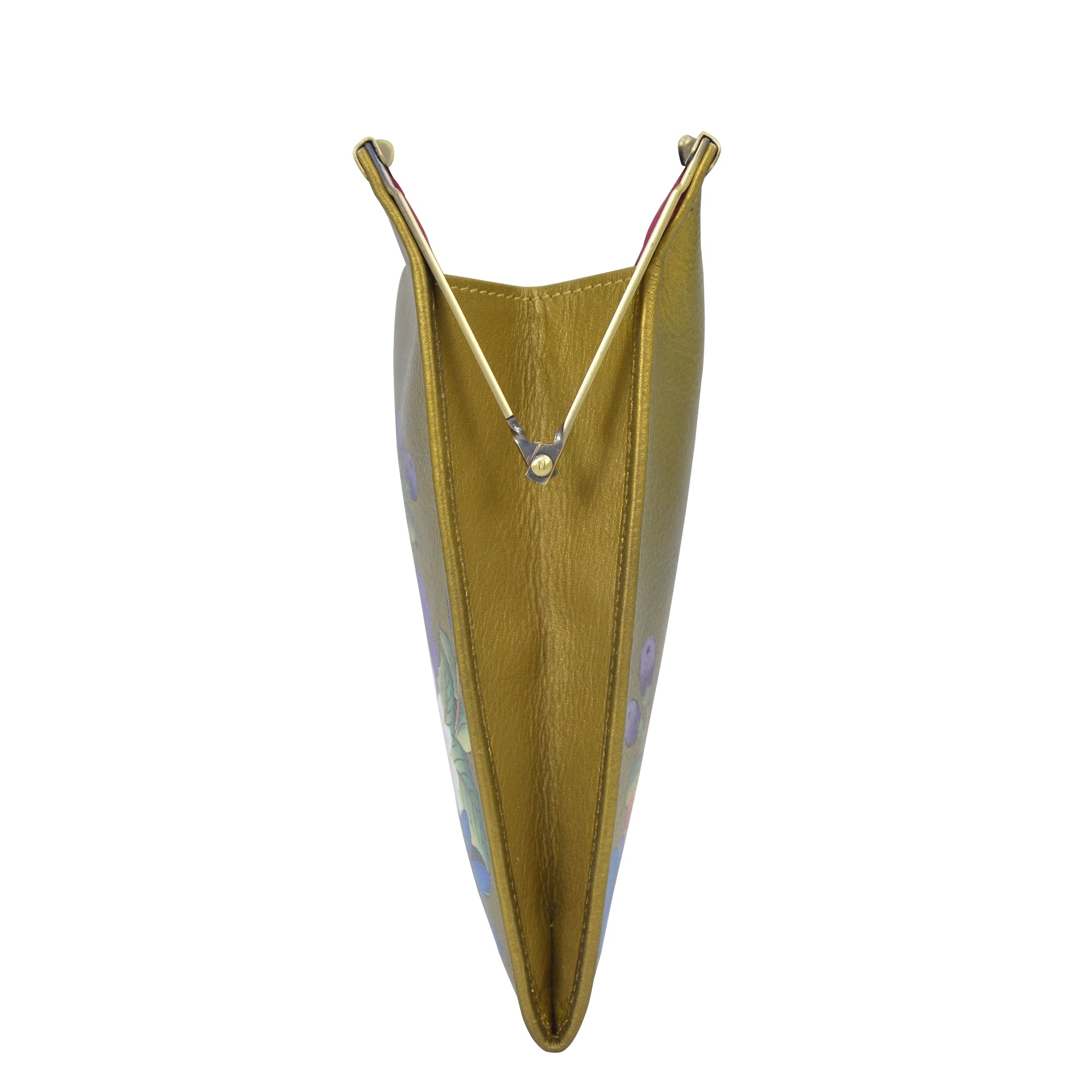 Top view of an open, gold-colored Anuschka Double Eyeglass Case - 1009 with a metal frame and clasp, revealing a partially visible hand-painted patterned inner lining.
