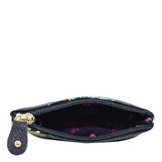 A small, colorful, hand-painted Anuschka Coin Pouch - 1031 shown open against a white background.