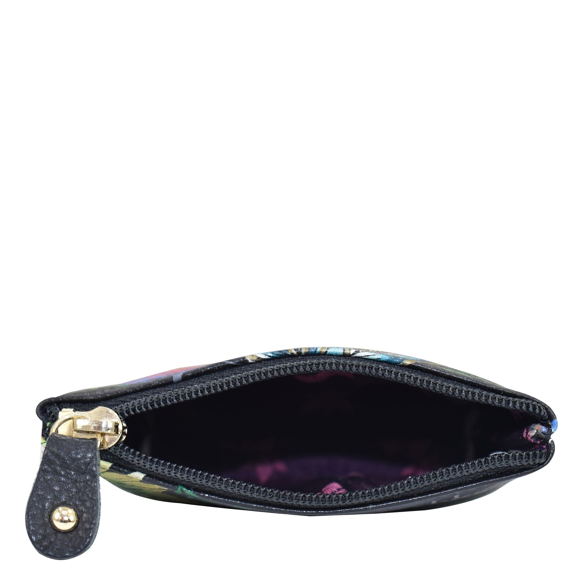 A small, colorful, hand-painted Anuschka Coin Pouch - 1031 shown open against a white background.