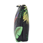 A side view of a colorful, floral-patterned, hand-painted Anuschka wallet with a zipper closure and Coin Pouch - 1031.