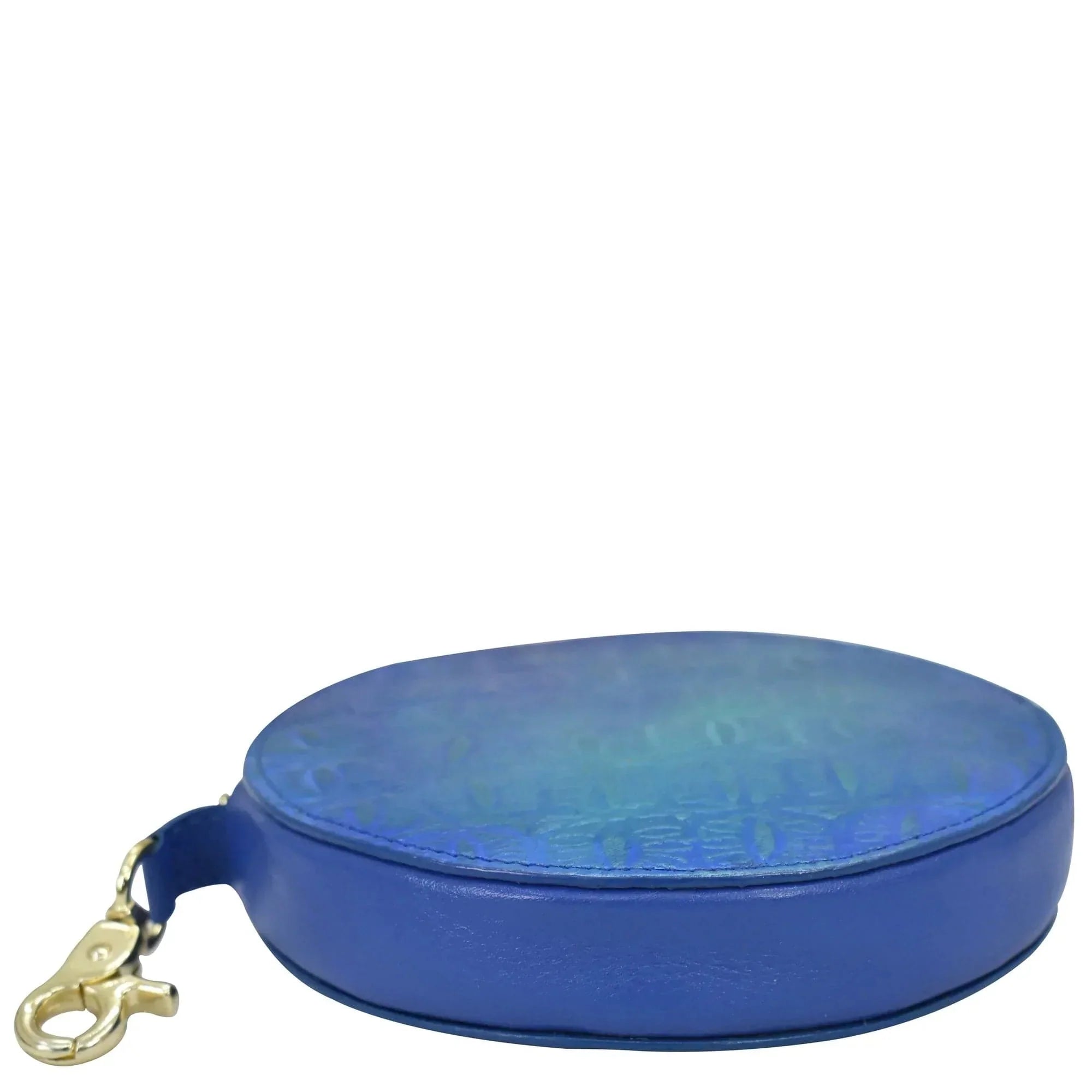 Blue Anuschka round genuine leather pouch with a gold-tone clasp against a white background.
