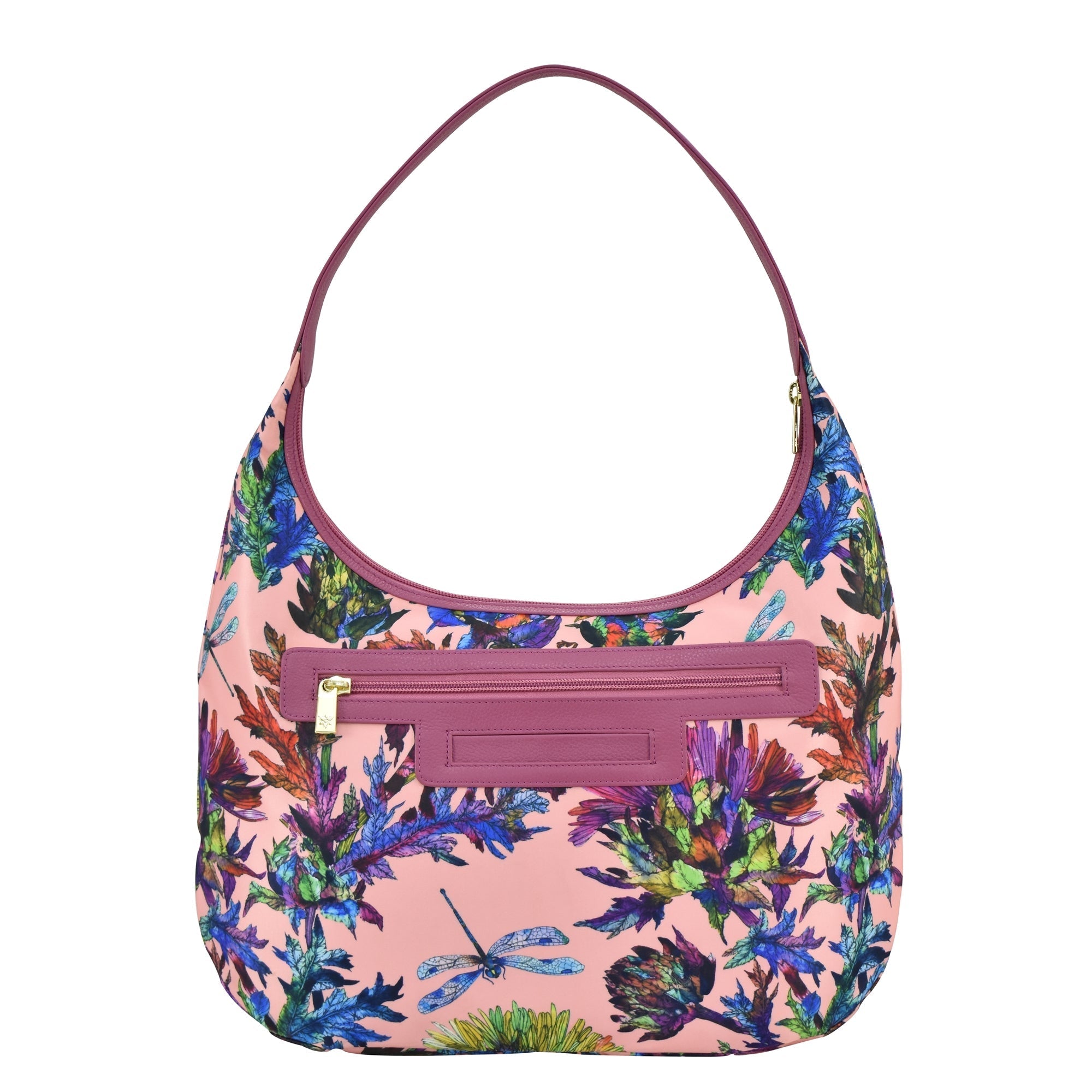Dragonfly Garden Fabric with Leather Trim Large Sling Hobo - 12010