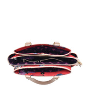 Open Anuschka Fabric with Leather Trim Multi Compartment Satchel - 12014 showing the interior compartments, floral lining, and adjustable strap.