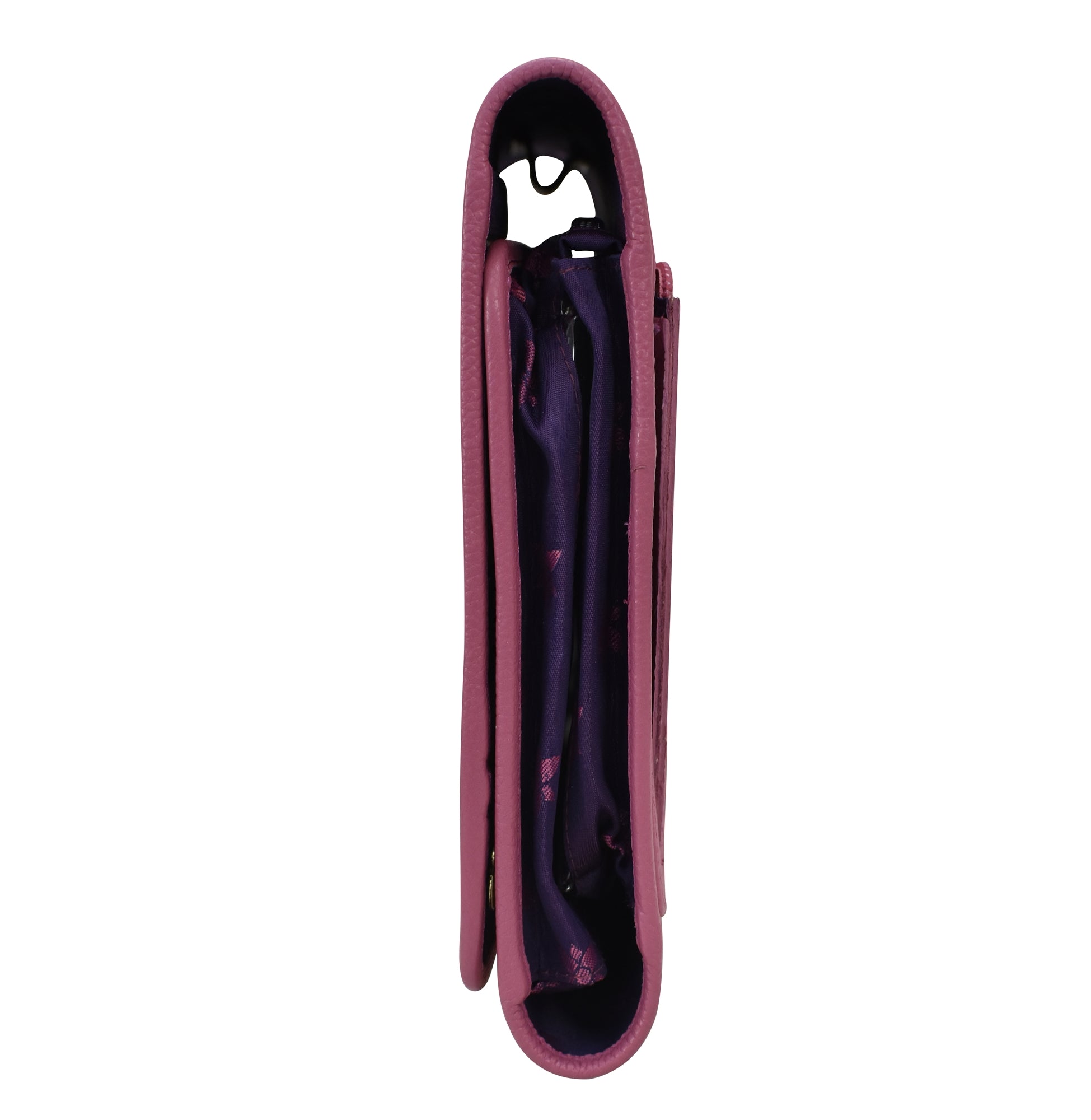 Side view of an open, empty maroon-colored Anuschka Fabric with Leather Trim Toiletry Case - 13001 with a zipper and snap button.