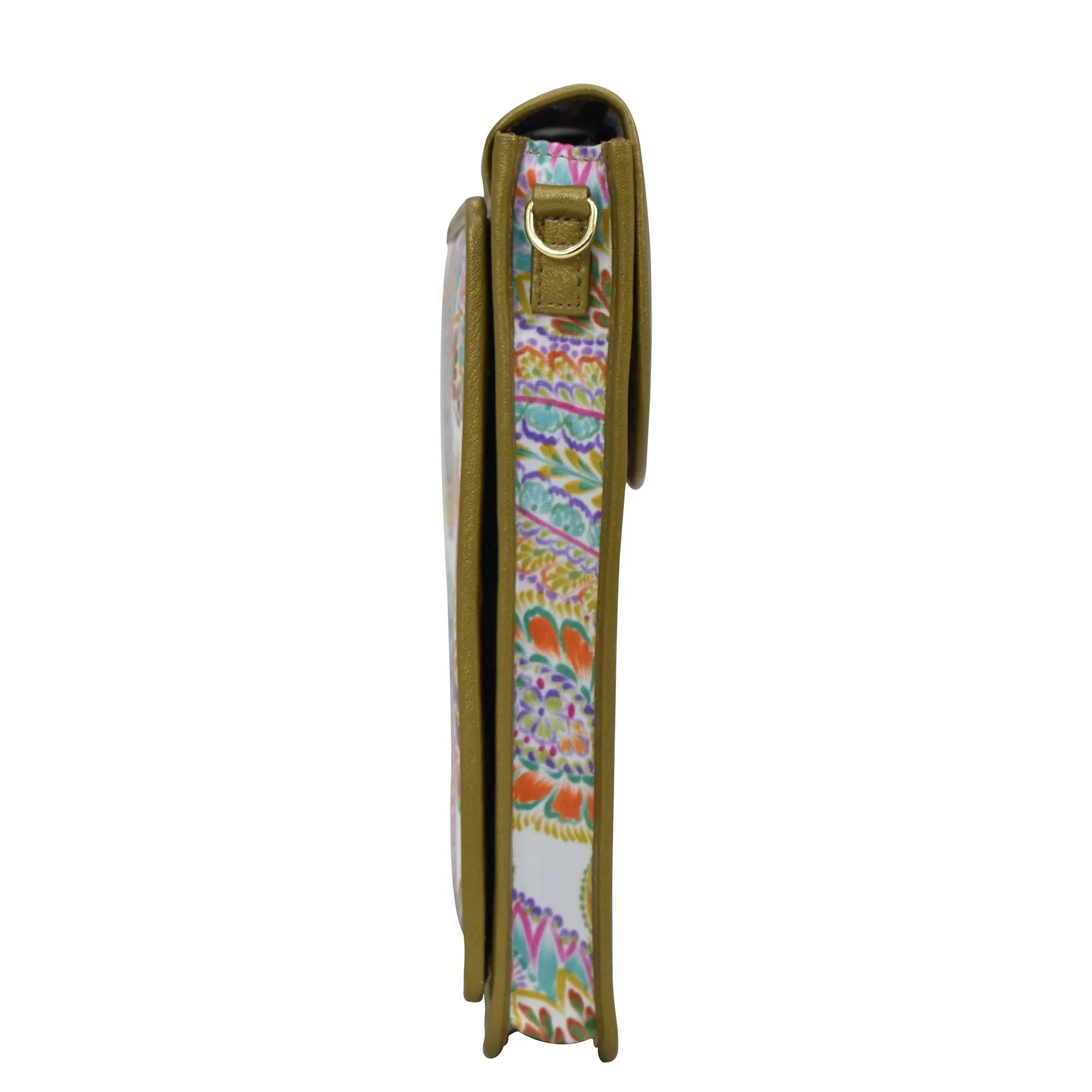 Side view of a colorful, patterned Anuschka Fabric with Leather Trim Cell Phone Crossbody Wallet - 13005 with zipper closure and RFID protection.