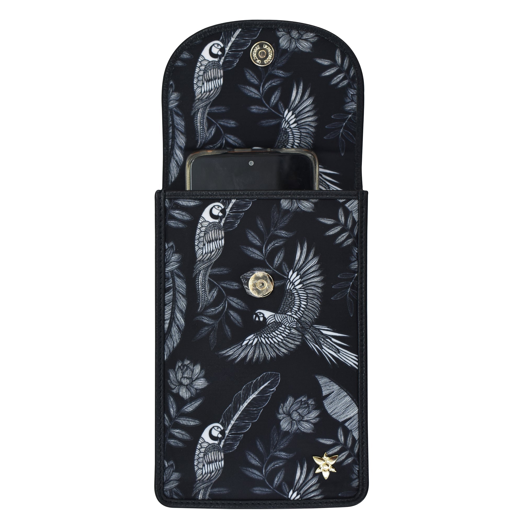 Anuschka Fabric with Leather Trim Cell Phone Crossbody Wallet - 13005 in a floral-patterned wallet case with card slots and RFID protection.