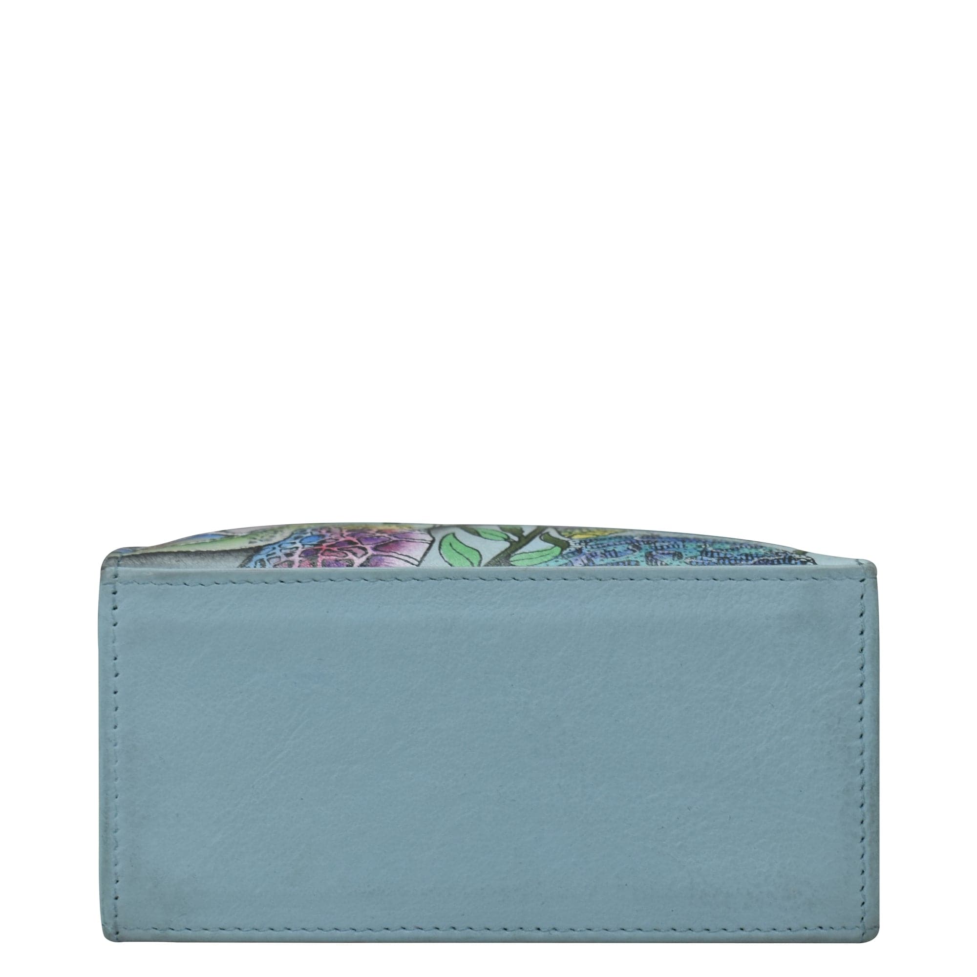 Light blue genuine leather Triple Compartment Crossbody Organizer - 412 with colorful interior lining visible from the top by Anuschka.