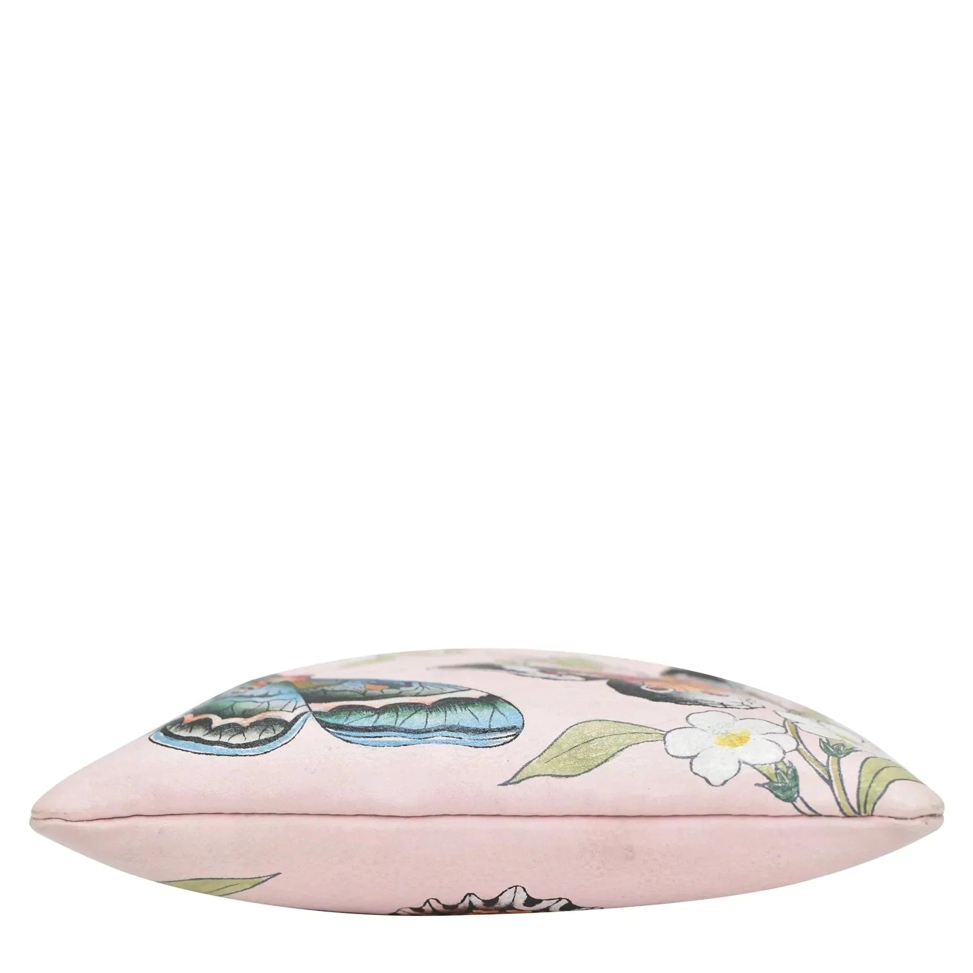 A Mini Double Zip Travel Crossbody - 448 featuring hand-painted artwork of a floral and butterfly print isolated on a white background by Anuschka.