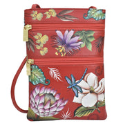 Anuschka Mini Double Zip Travel Crossbody with Crimson Garden painting