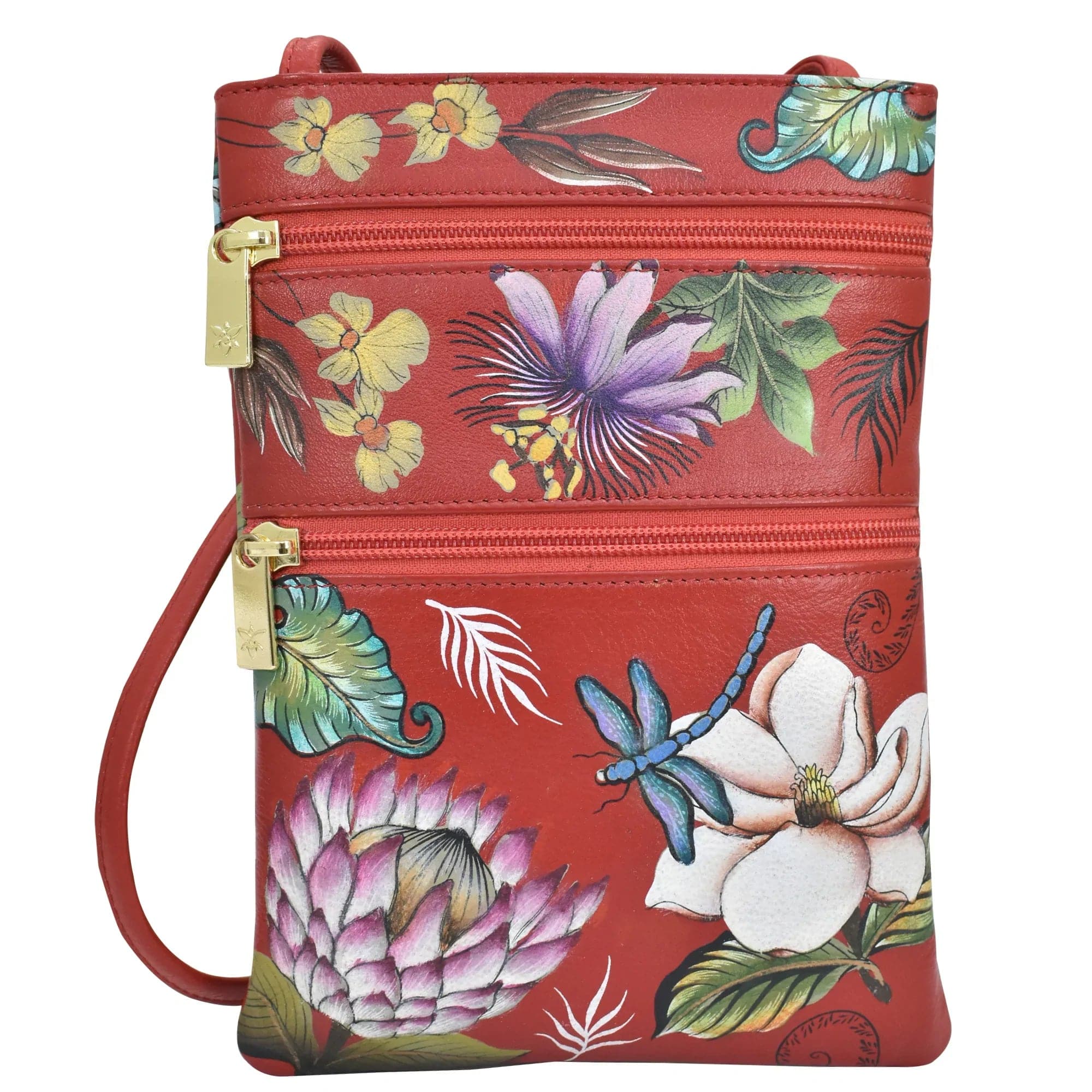Anuschka Mini Double Zip Travel Crossbody with Crimson Garden painting