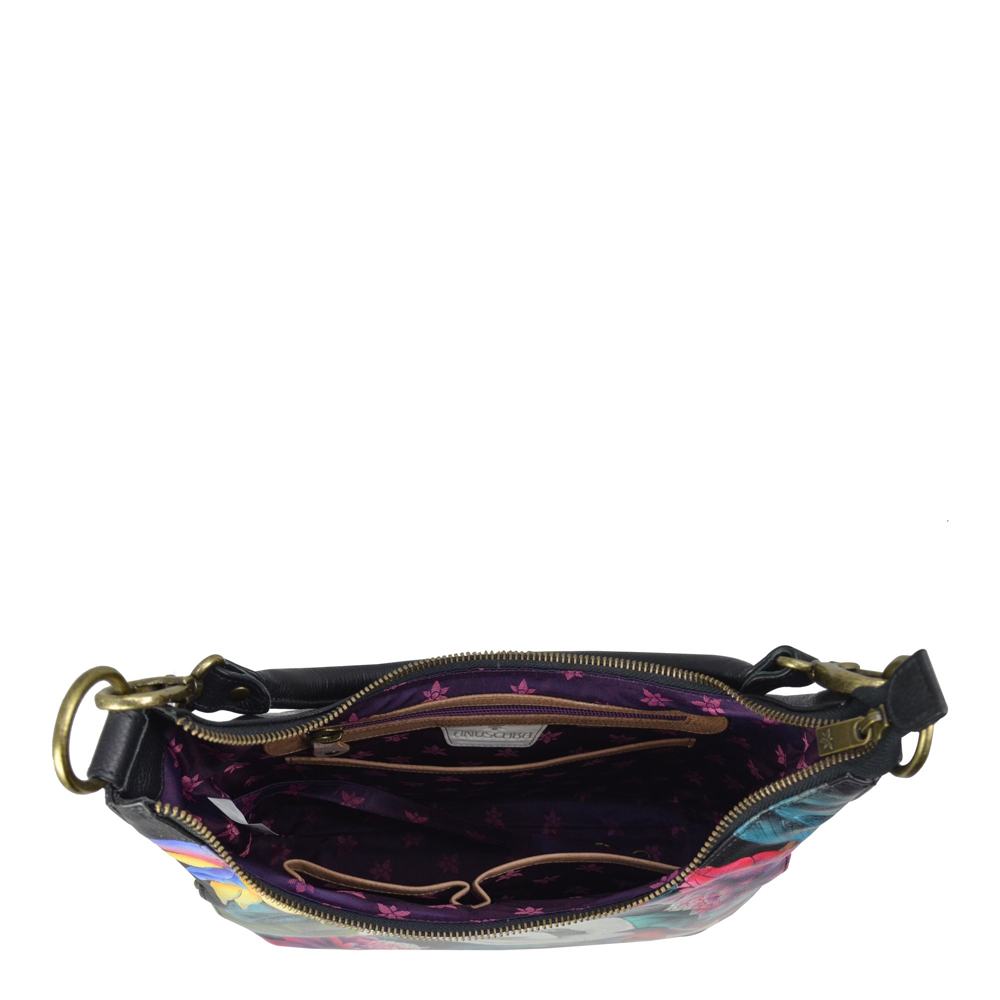 Anuschka Convertible Slim Hobo With Crossbody Strap - 662 with zippered pockets isolated on a white background.
