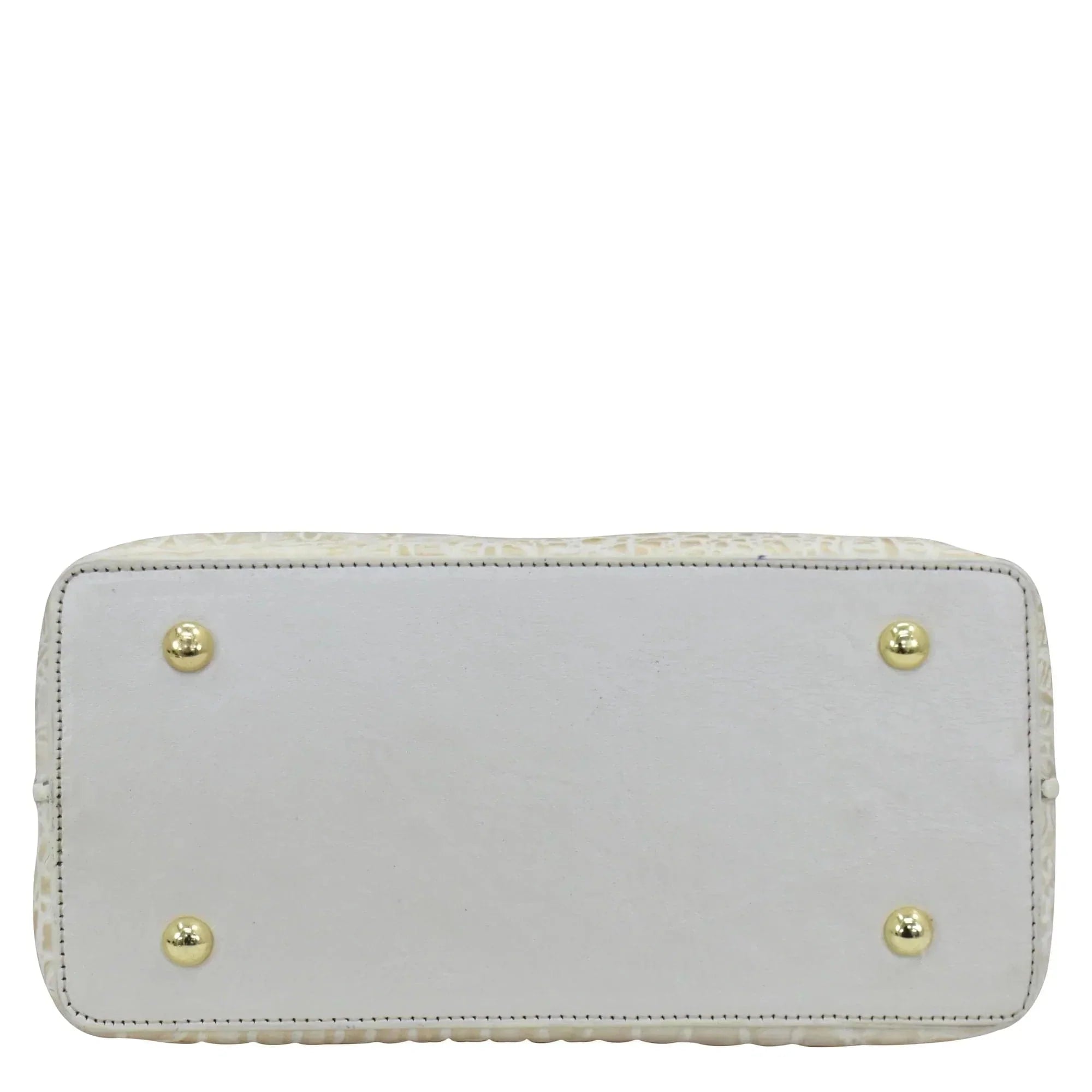 White rectangular Medium Tote - 693 with scalloped edges, gold-tone stud accents, and a zippered pocket by Anuschka.
