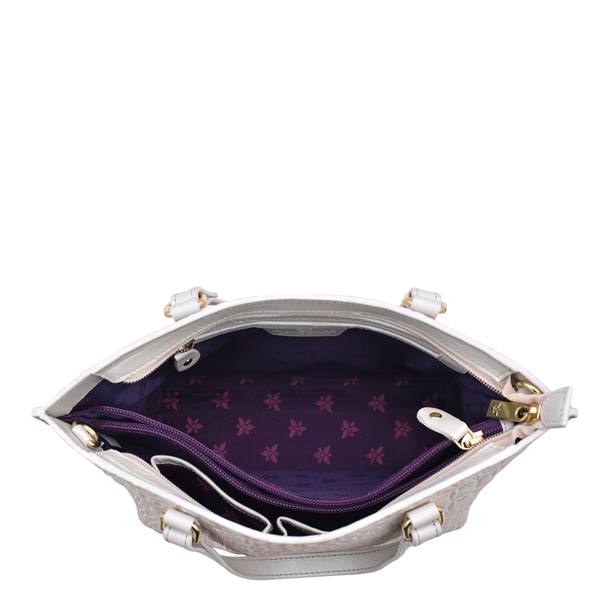 Open Anuschka Medium Tote - 693 showing empty interior with a zippered pocket and patterned lining.