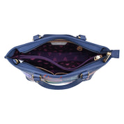 Open Anuschka blue genuine leather Medium Tote - 693 with floral-patterned interior.