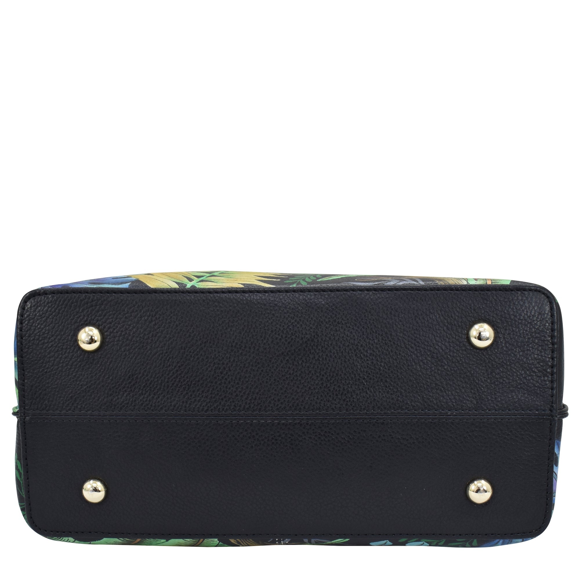 Black genuine leather Medium Tote - 693 with tropical print design on the edges and metallic stud accents by Anuschka.