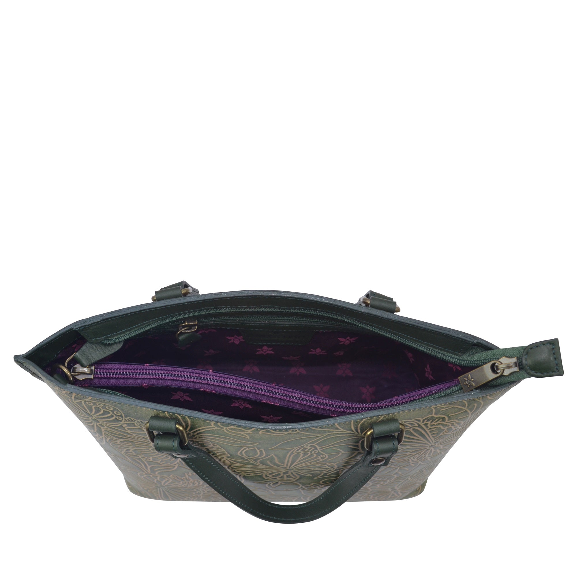 Open Anuschka Medium Tote - 693 showcasing its inner lining and zipper compartment.