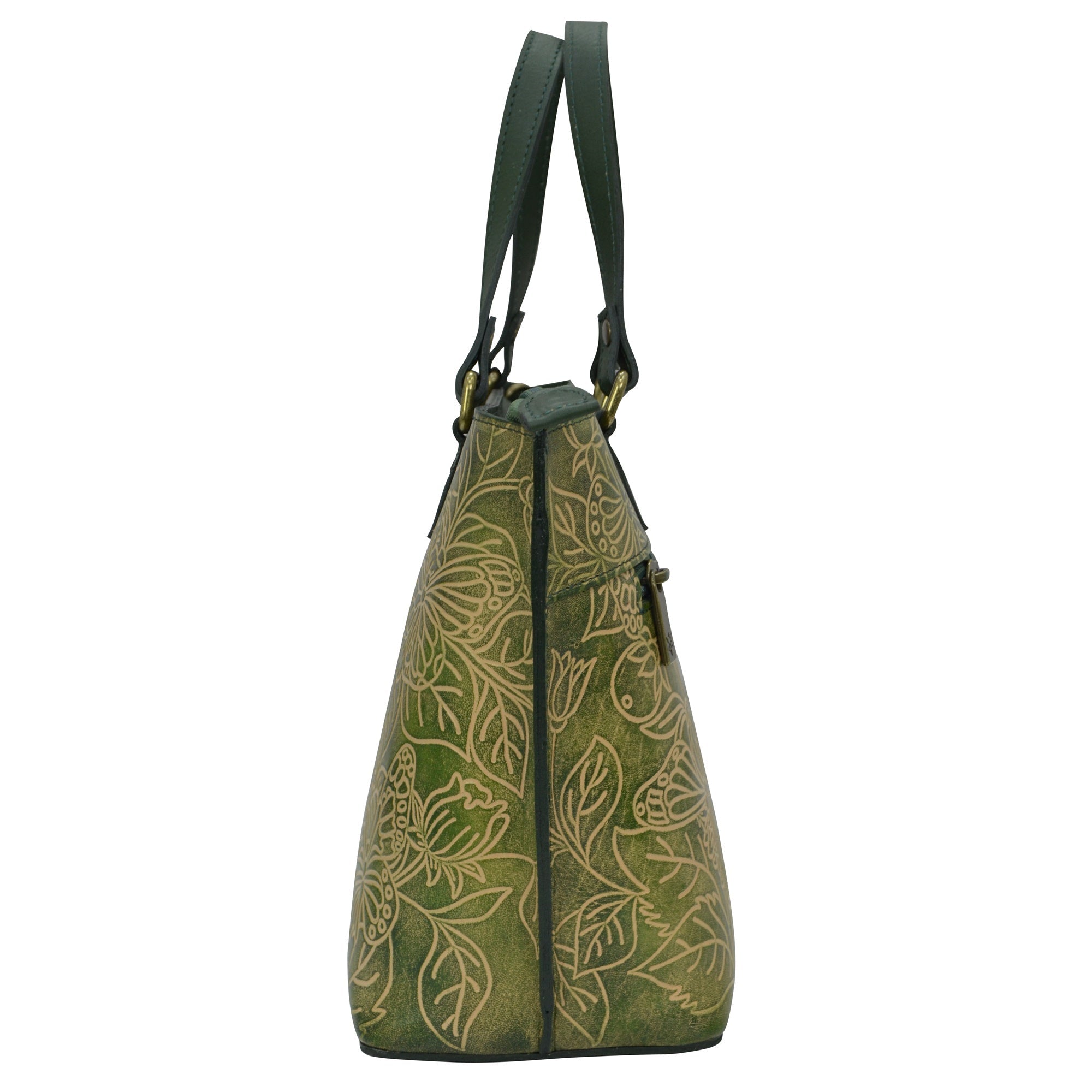 Green patterned leather Medium Tote - 693 with drawstring closure by Anuschka.