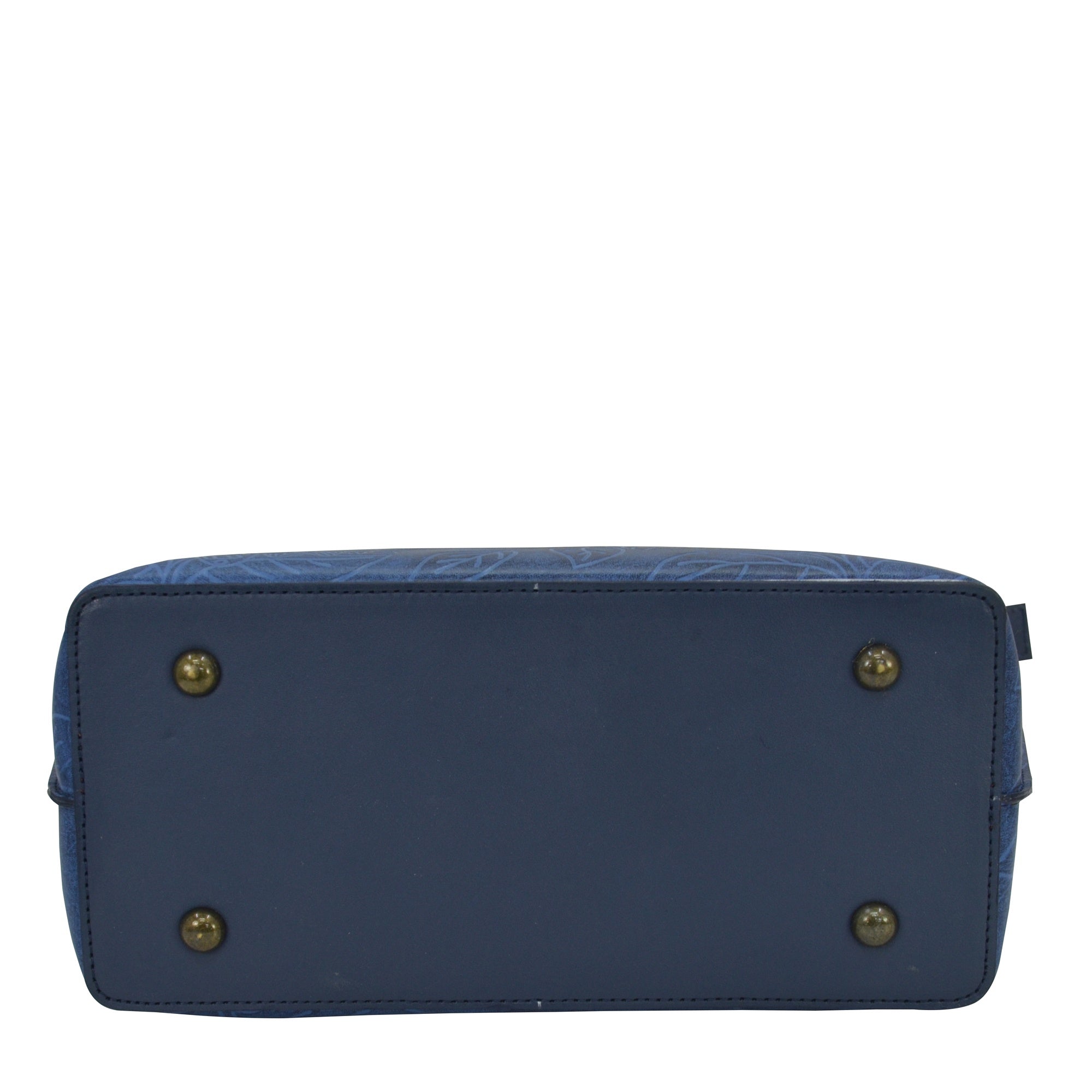 Blue Medium Tote - 693 with golden button accents and a zippered pocket on a white background by Anuschka.