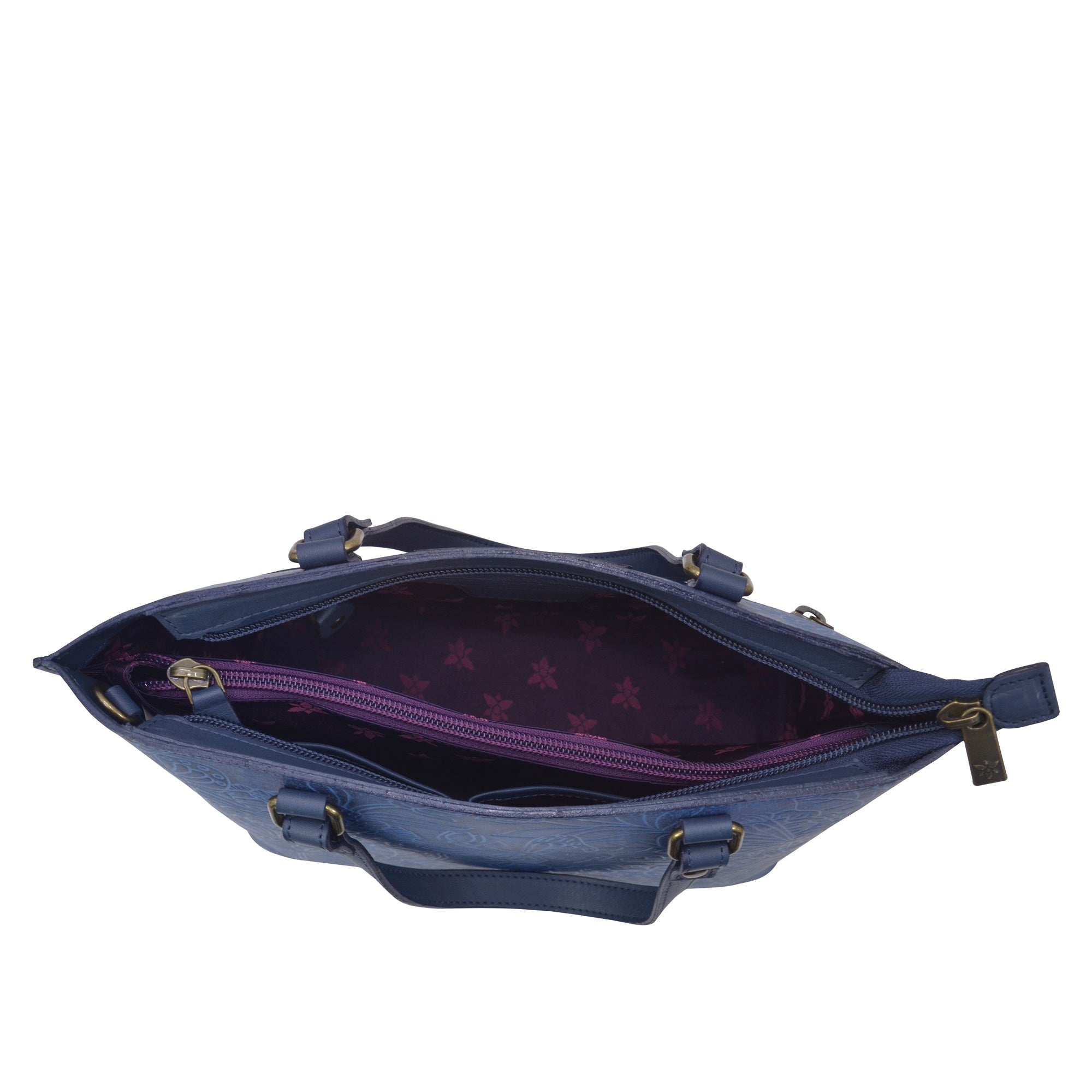 Open Anuschka Medium Tote - 693 showing the interior fabric and zippered pocket.