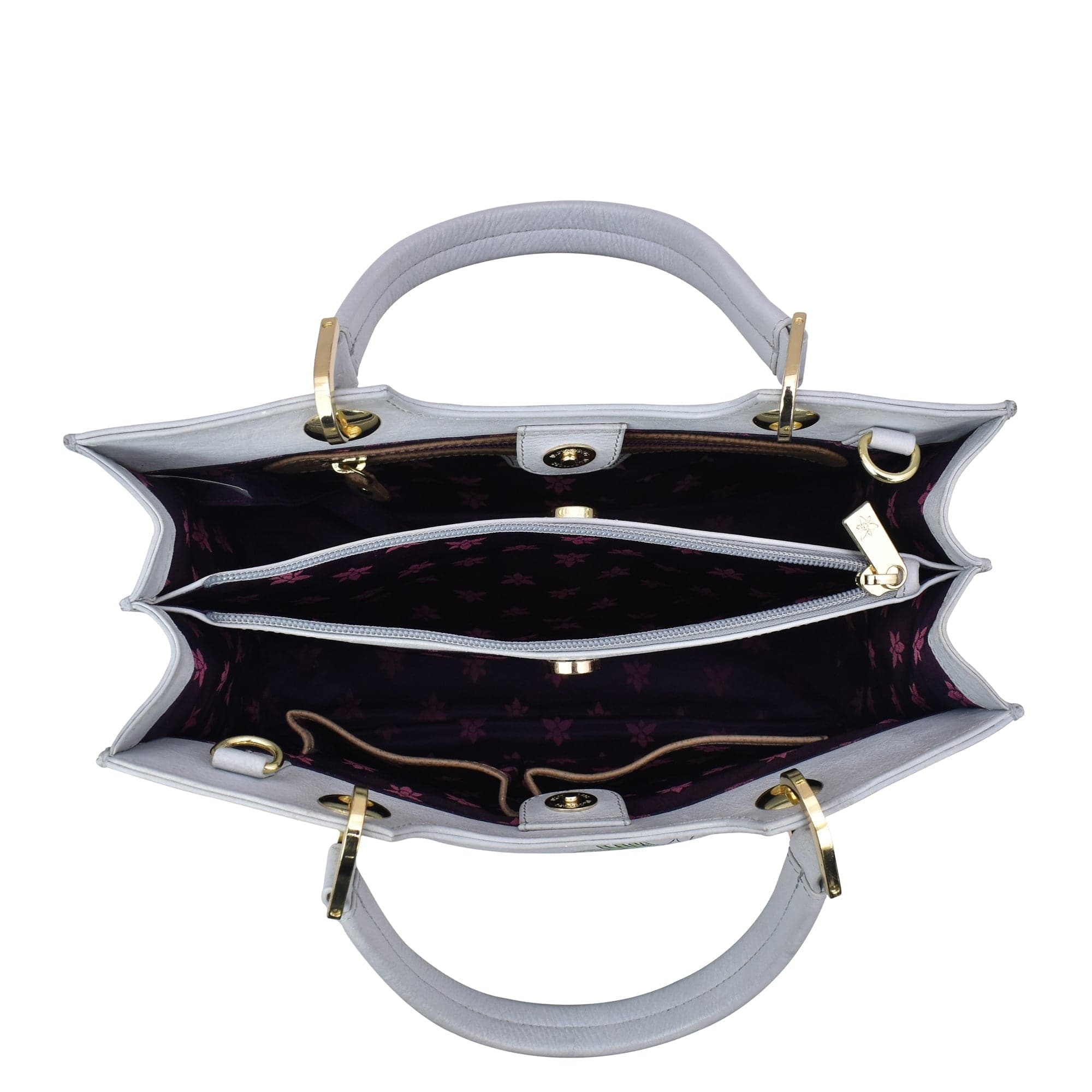 Open Anuschka Medium Satchel - 697 displaying interior compartments and patterned lining, offering a chic touch with its Italian-inspired satchel design.