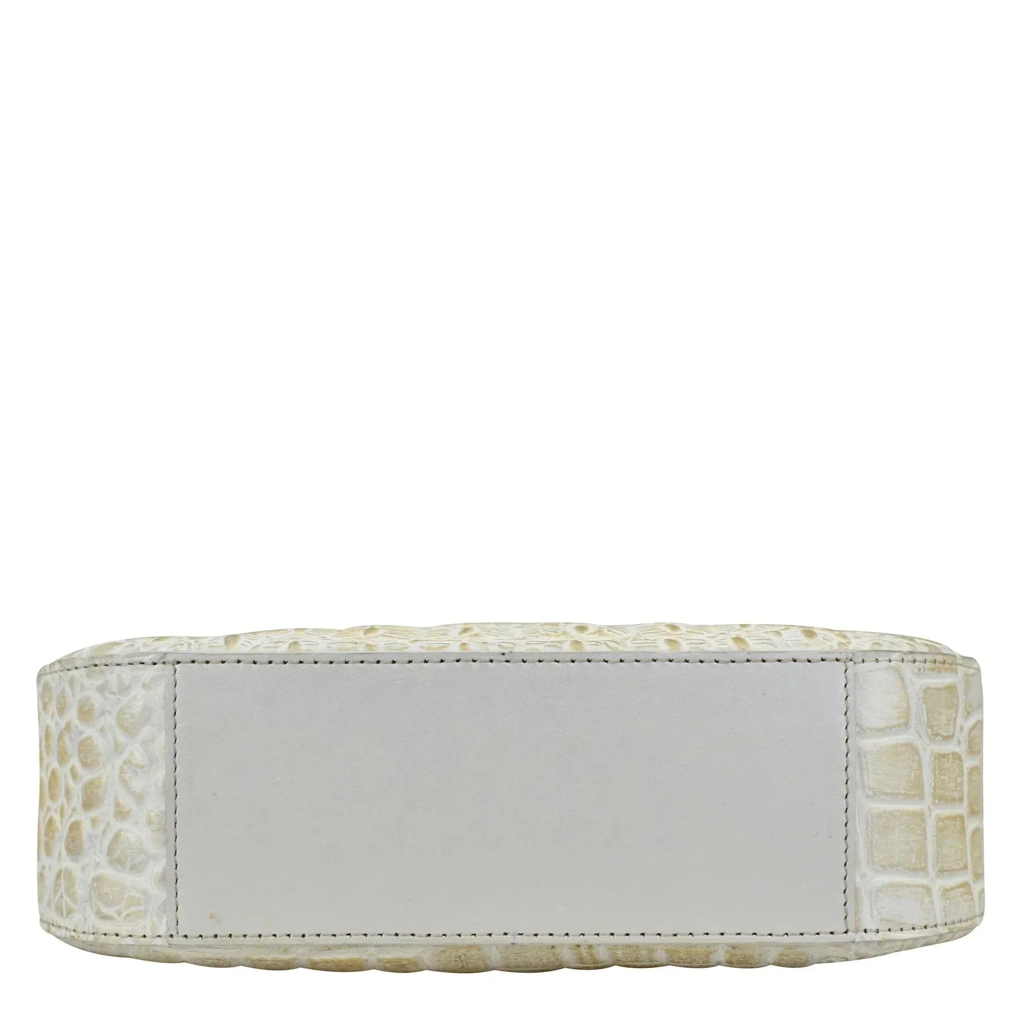 A rectangular off-white genuine leather wallet with a crocodile skin texture and a plain label space on its front - Anuschka Small Convertible Hobo - 701.