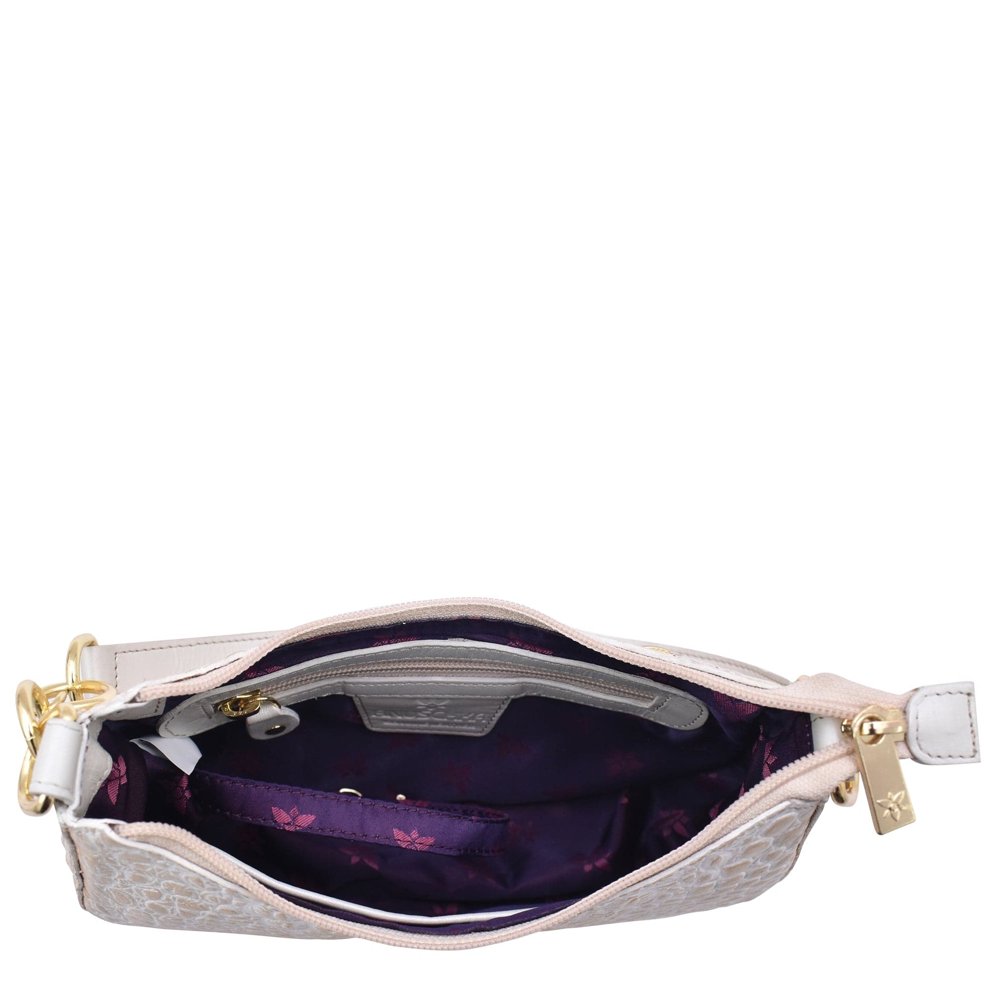 Open Anuschka Small Convertible Hobo - 701 displaying interior and contents.