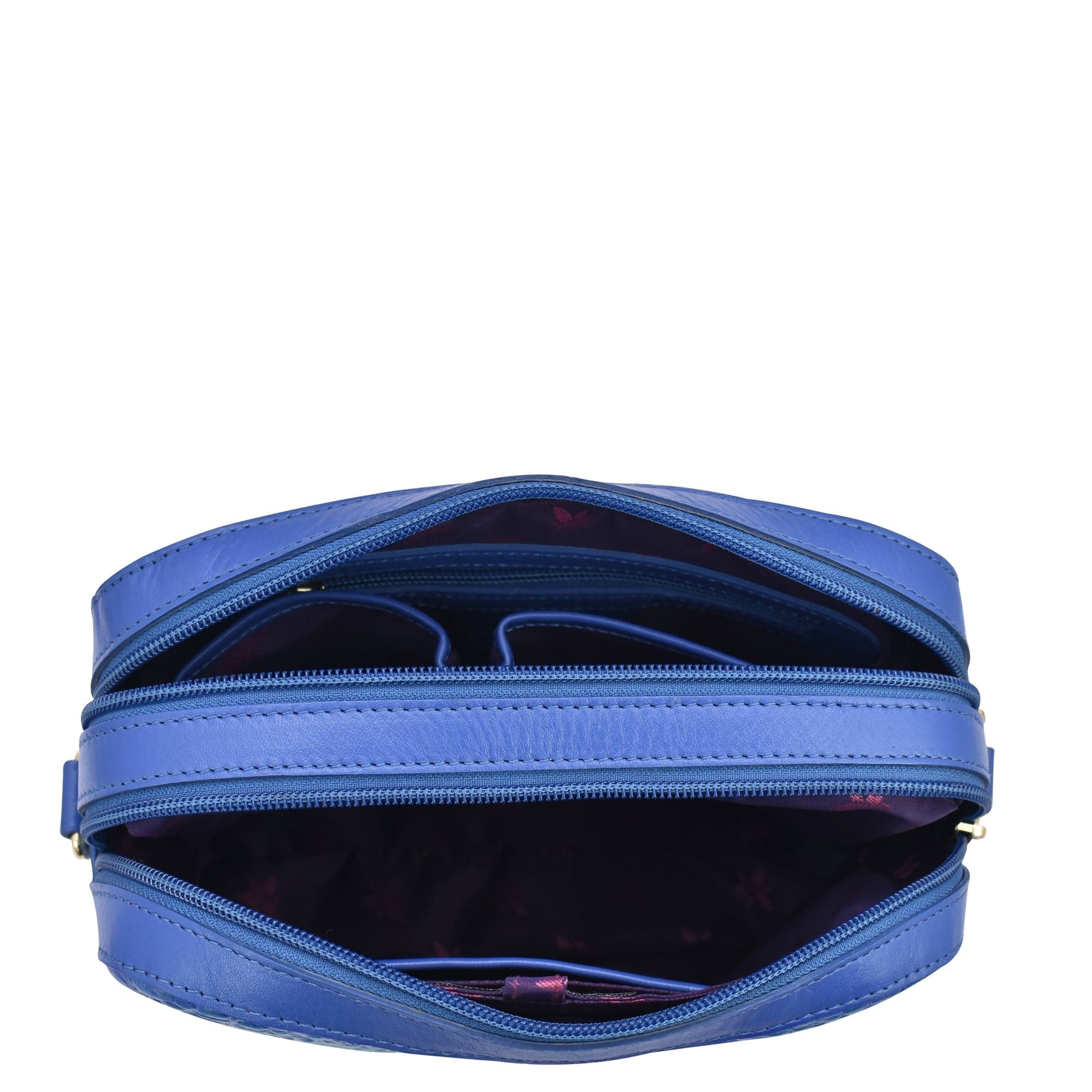 Blue zippered Twin Top Messenger - 704 purse partially open to reveal an empty interior with RFID protection by Anuschka.