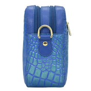 Blue leather Twin Top Messenger - 704 with a crocodile pattern, silver zipper and hardware, and RFID protection by Anuschka.