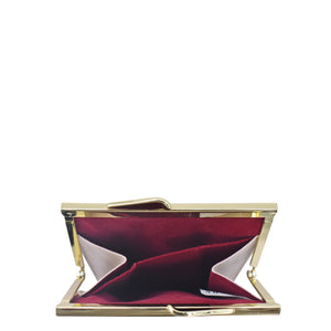 An empty gold leather Double Eyeglass Case - 1009 with a red interior opened against a white background by Anuschka.