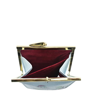 An open, empty Double Eyeglass Case - 1009 with a metallic clasp, featuring a genuine leather red interior and an eyeglass compartment, isolated against a white background.