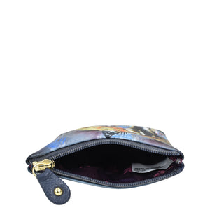 Open Anuschka Coin Pouch - 1031 wristlet with an abstract leopard design and a zipper on a white background.