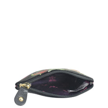 Load image into Gallery viewer, Small hand-painted floral print Anuschka leather pouch partially unzipped against a white background.

