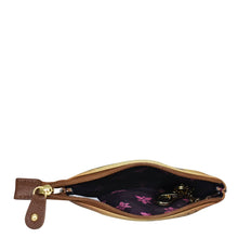 Load image into Gallery viewer, Brown genuine leather Medium Zip Pouch - 1107 by Anuschka with zipper partially open, revealing a dark interior with purple pattern and a few small gifts inside.
