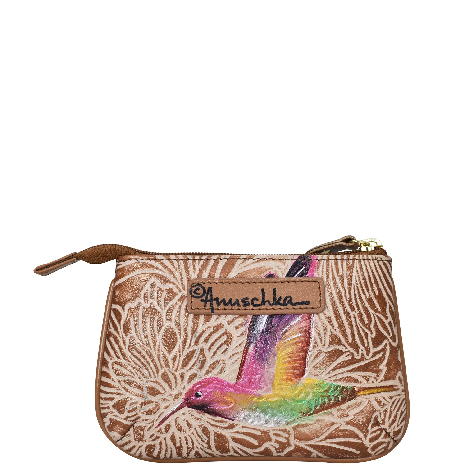 Tooled Bird Tan Medium Zip Pouch - 1107