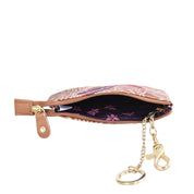 Open Anuschka Medium Zip Pouch - 1107 with a floral pattern and gold-colored zipper on a white background.