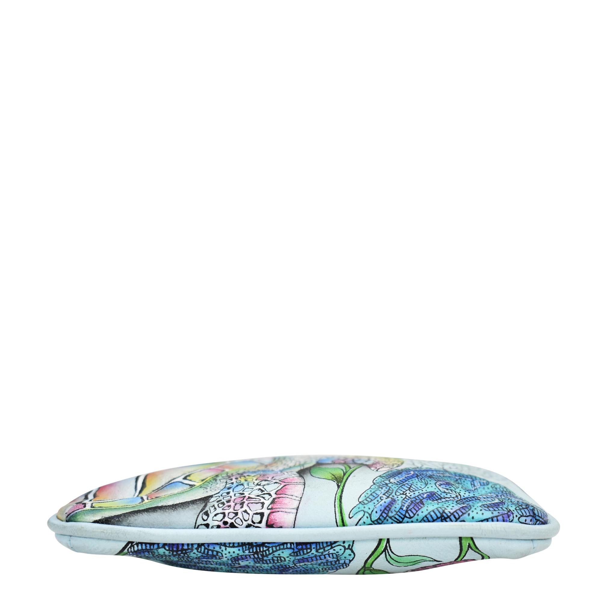 Colorful printed genuine leather Medium Zip Pouch - 1107 clutch bag isolated on white background by Anuschka.