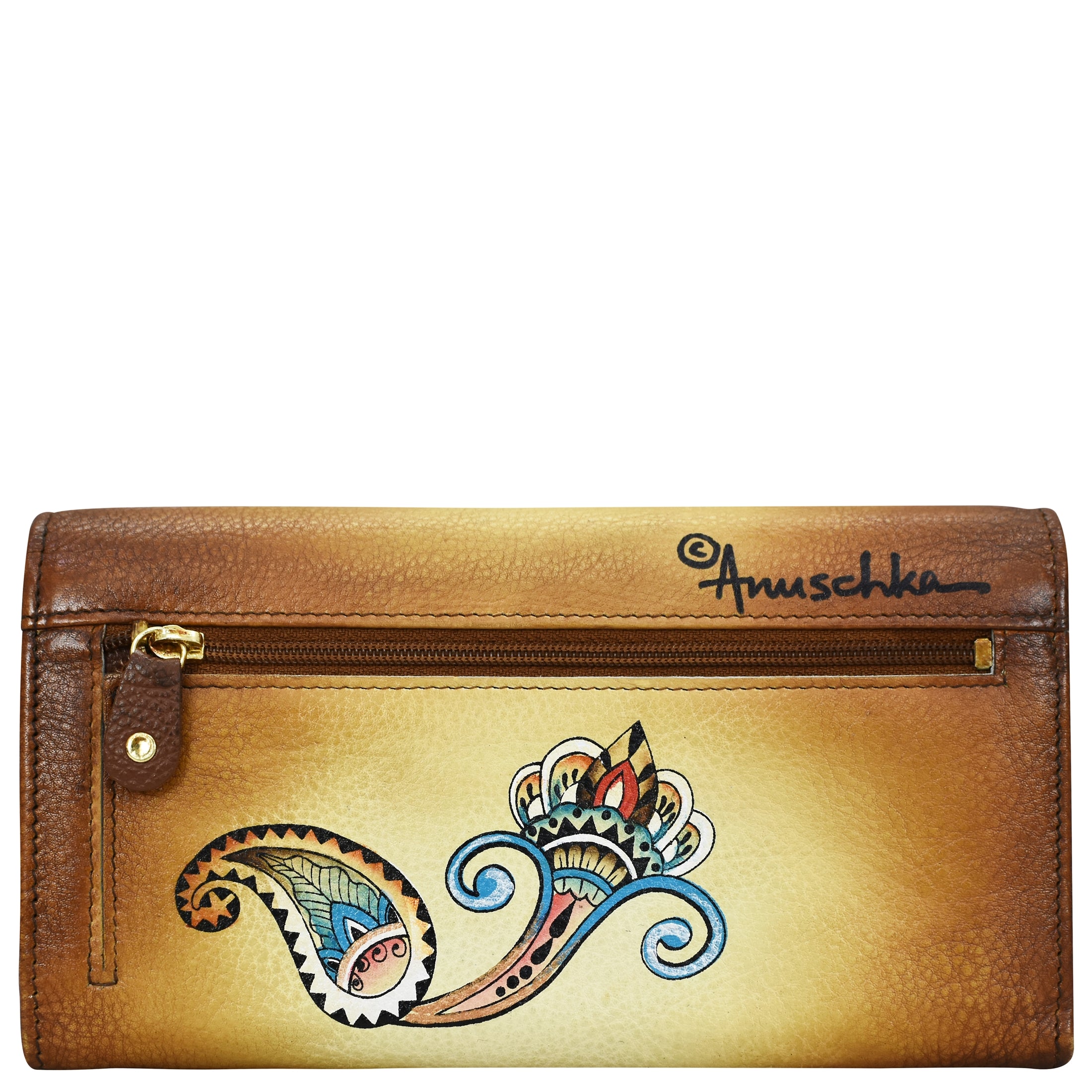 A genuine leather Accordion Flap Wallet - 1112 with an exterior zipper pocket, featuring a colorful, intricate design on the front and the brand name "Anuschka" in the top right corner. This boho elegance wallet seamlessly combines style and functionality.