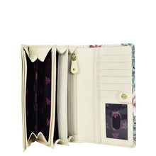 Load image into Gallery viewer, Open Anuschka Accordion Flap Wallet - 1112 showcasing compartments and floral interior design with RFID protection.
