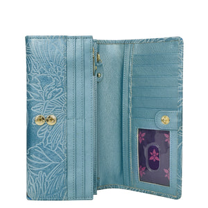 Open Anuschka light blue floral-patterned genuine leather Accordion Flap Wallet - 1112 with card slots, a transparent ID holder, and RFID protection.