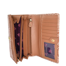 Load image into Gallery viewer, Open brown Anuschka Accordion Flap Wallet - 1112 with multiple card slots, compartments, and RFID protection.
