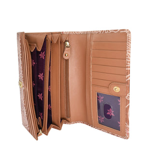 Open brown Anuschka Accordion Flap Wallet - 1112 with multiple card slots, compartments, and RFID protection.