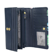 Introducing the Anuschka Accordion Flap Wallet - 1112: an open navy-blue genuine leather wallet featuring multiple card slots, a clear ID window, a zippered compartment, RFID protection, and elegant gold snap closures.