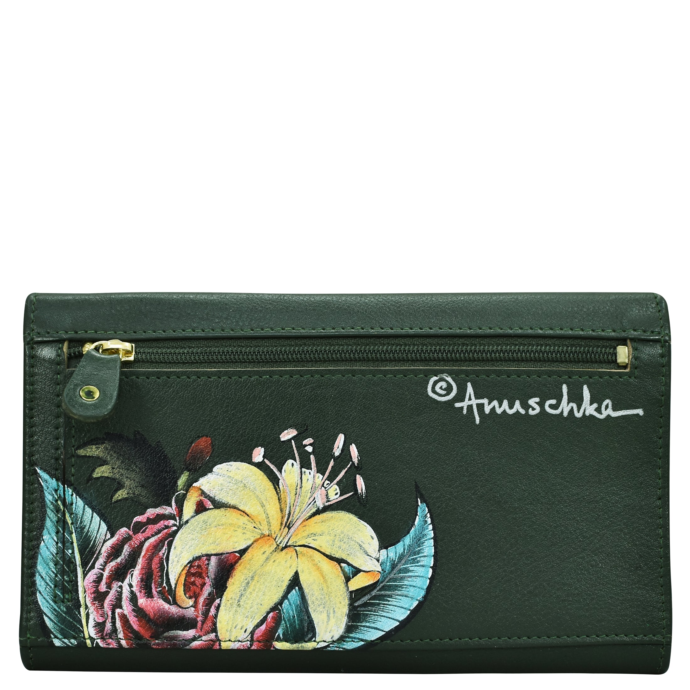 A green genuine leather clutch wallet with a zippered compartment and a floral design featuring a yellow lily and pink rose. The word "Anuschka" is written on the front, showcasing exquisite hand painted artwork. The "Three Fold Clutch - 1136" by Anuschka.