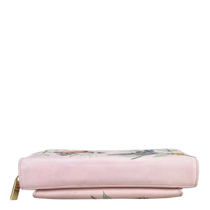 Anuschka Floral-print pink genuine leather Organizer Wallet Crossbody - 1149 on a white background.