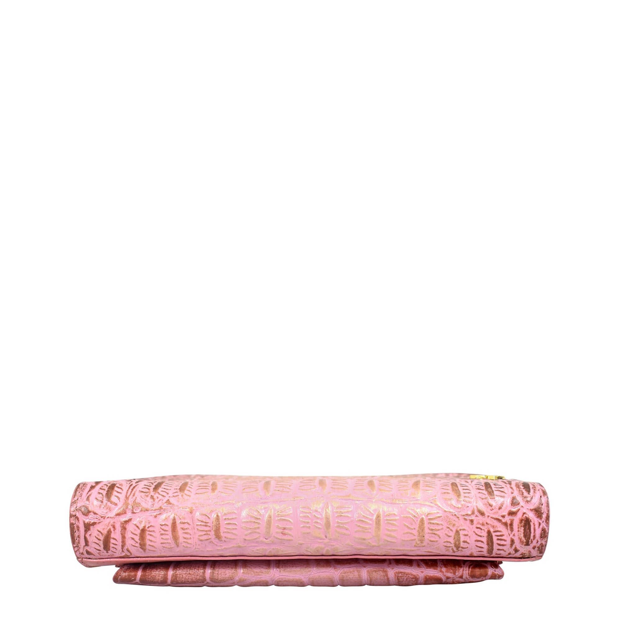 Patterned pink rolling pin resting horizontally on a white surface with a white background, akin to genuine leather Anuschka Organizer Wallet Crossbody - 1149.