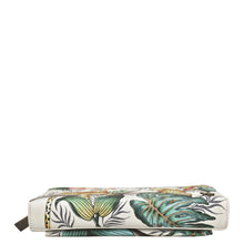 Load image into Gallery viewer, Anuschka&#39;s Floral patterned genuine leather Organizer Wallet Crossbody - 1149 with a zipper on a white background.

