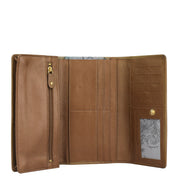 The Triple Fold RFID Clutch Wallet - 1150 by Anuschka is open, showcasing multiple card slots, a zippered compartment, and a clear ID window with a floral design in the bottom right corner. Enjoy added peace of mind with the RFID protection seamlessly integrated into this stylish tan genuine leather accessory.