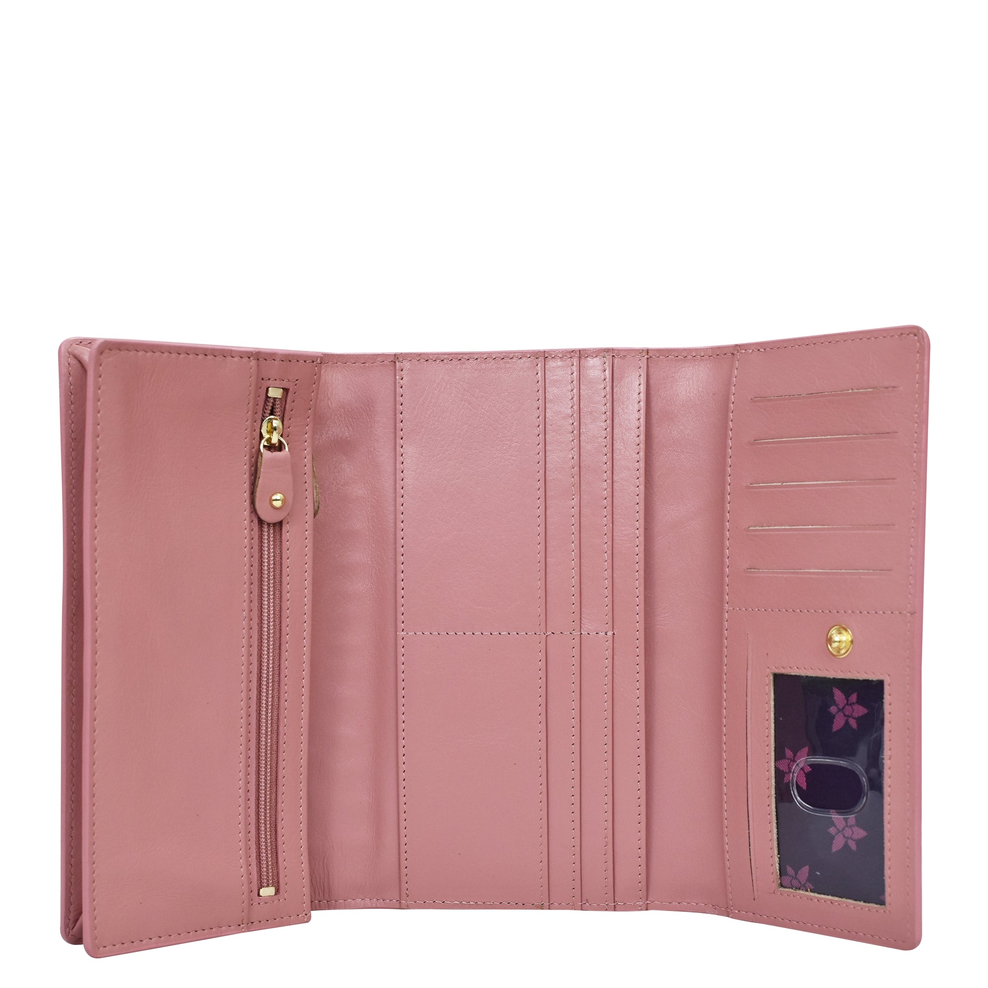 Open pink Anuschka Three Fold Wallet - 1150 with RFID protected card slots and a zipper compartment.